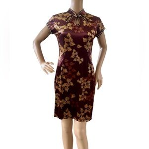 Chinese Cheongsam Dress Cap Sleeves Dark Plum/Gold Stretch Size M
